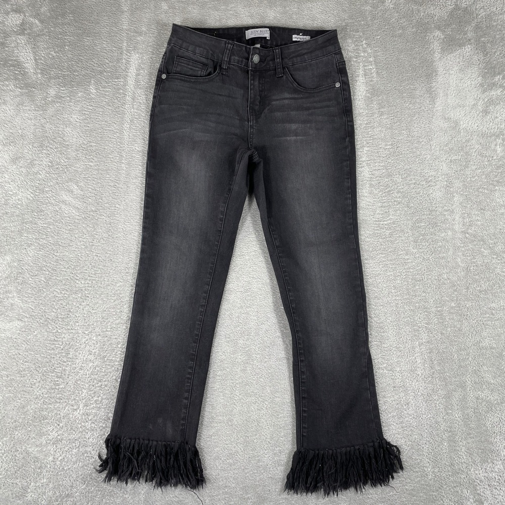 Judy Blue Cropped Jeans Womens 7/28 (26x23.5) Black Frayed‎ Hem Stretch Denim